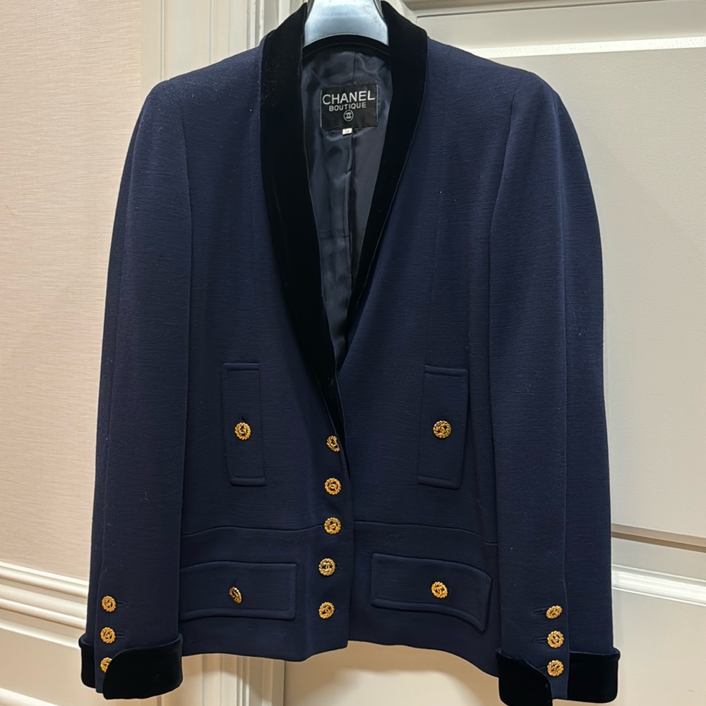 Chanel gorgeous blazer.  Navy with black velvet trim in excellent condition
